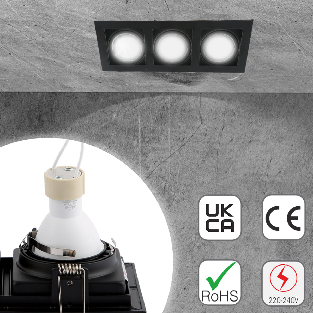 Close up shots of Grille Recessed Tilt Downlight Black with 3xGU10 Fitting | TEKLED 165-03882