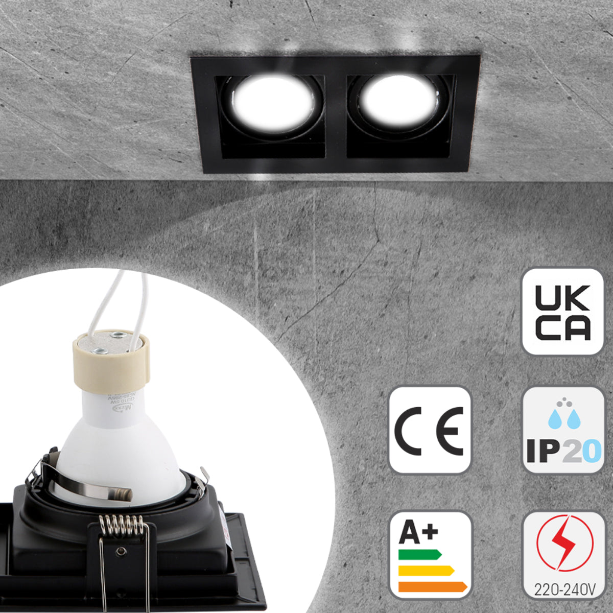 Close up shots of Grille Recessed Tilt Downlight Black with 2xGU10 Fitting | TEKLED 165-03880