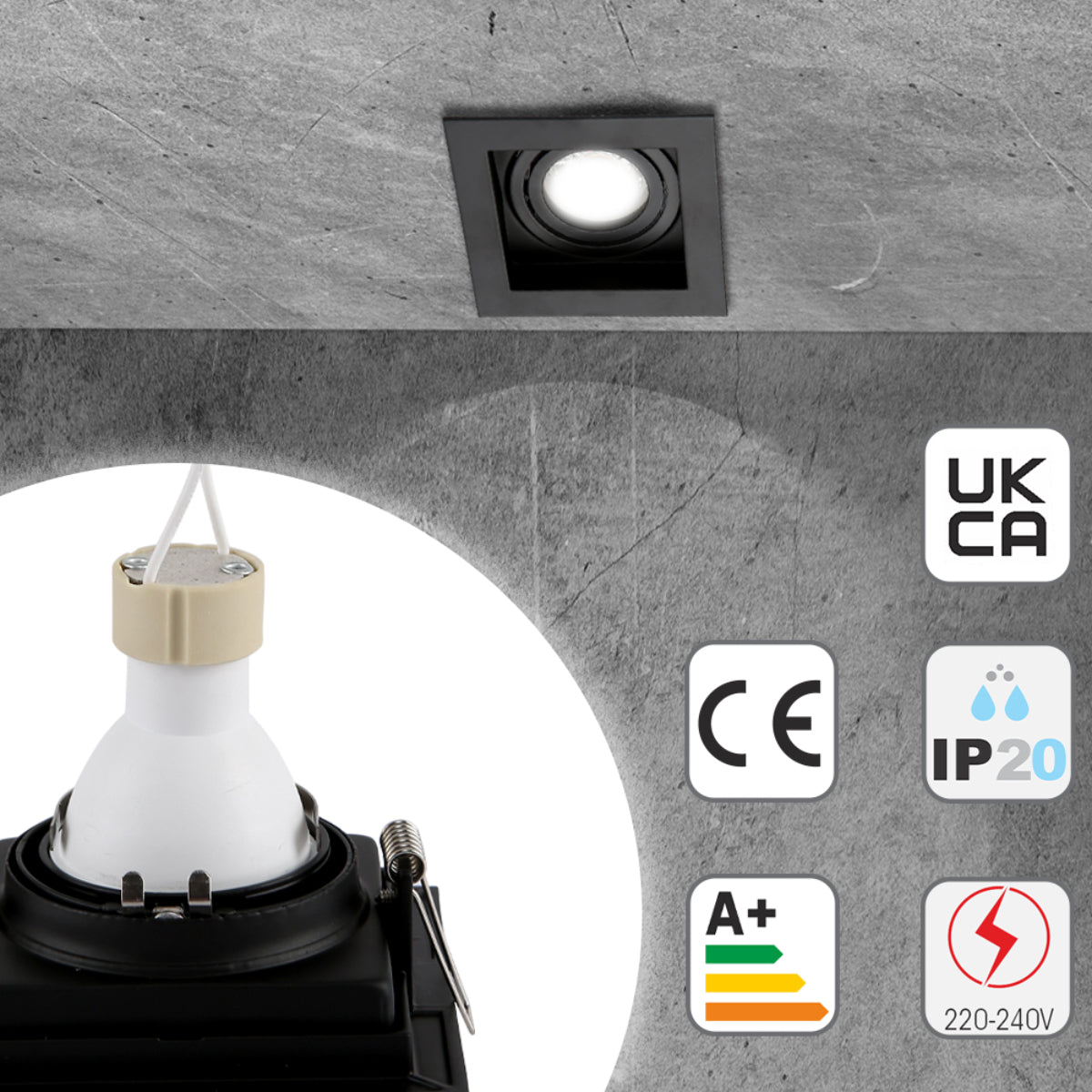 Close up shots of Grille Square Recessed Tilt Downlight Black with GU10 Fitting | TEKLED 165-03878