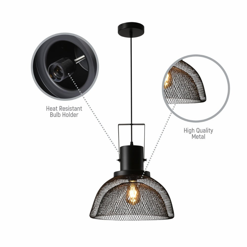 Close up shots of Industrial Double Mesh Caged Handled Dome Black Metal Pendant Ceiling Light E27 | TEKLED 150-18120