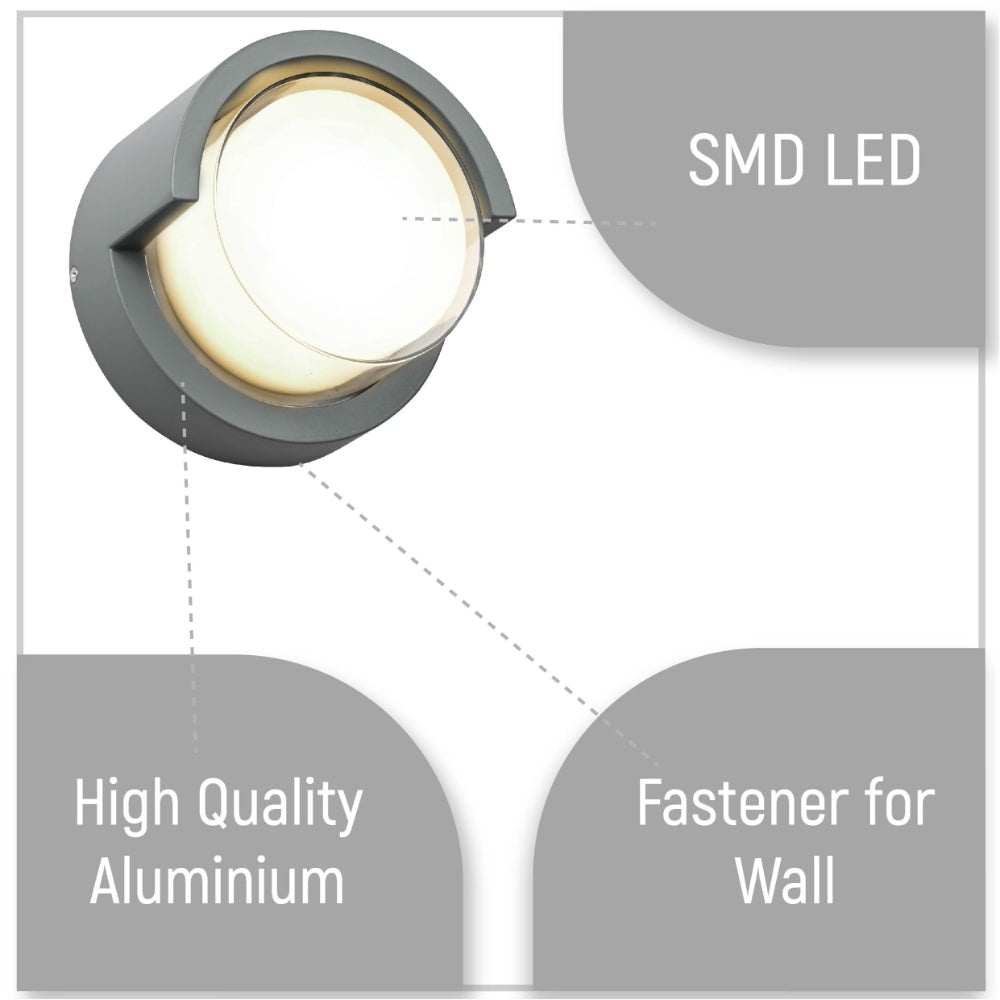 Close up shots of LED Diecast Aluminium Round Hood Wall Lamp 12W Warm White 3000K IP54 Anthracite Grey | TEKLED 182-03352
