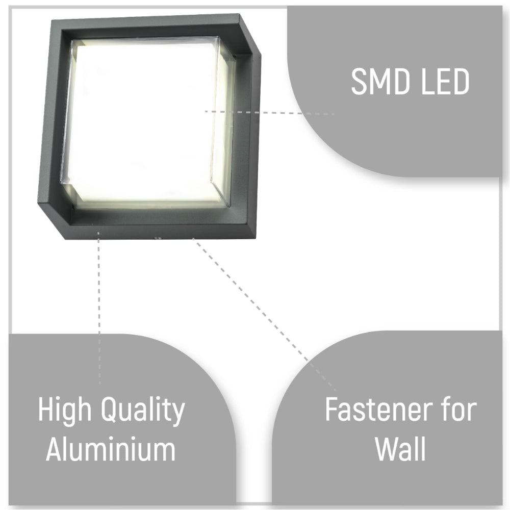 Close up shots of LED Diecast Aluminium Square Hood Wall Lamp 12W Cool White 4000K IP54 Anthracite Grey | TEKLED 182-03357