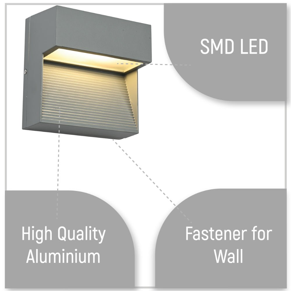 Close up shots of LED Diecast Aluminium Stair and Wall Light 5W Warm White 3000K IP54 Grey | TEKLED 182-03344