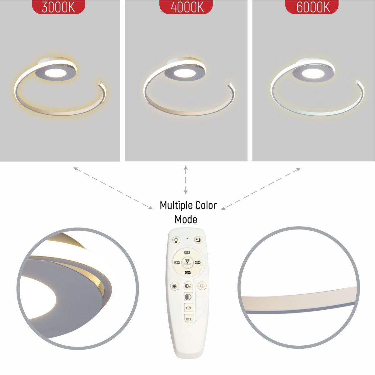 Close up shots of LED Spiral White Finishing 30W CCT Change Dimmable Contemporary Nordic Scandinavian Flush Ceiling Light with Remote Control | TEKLED 154-17266