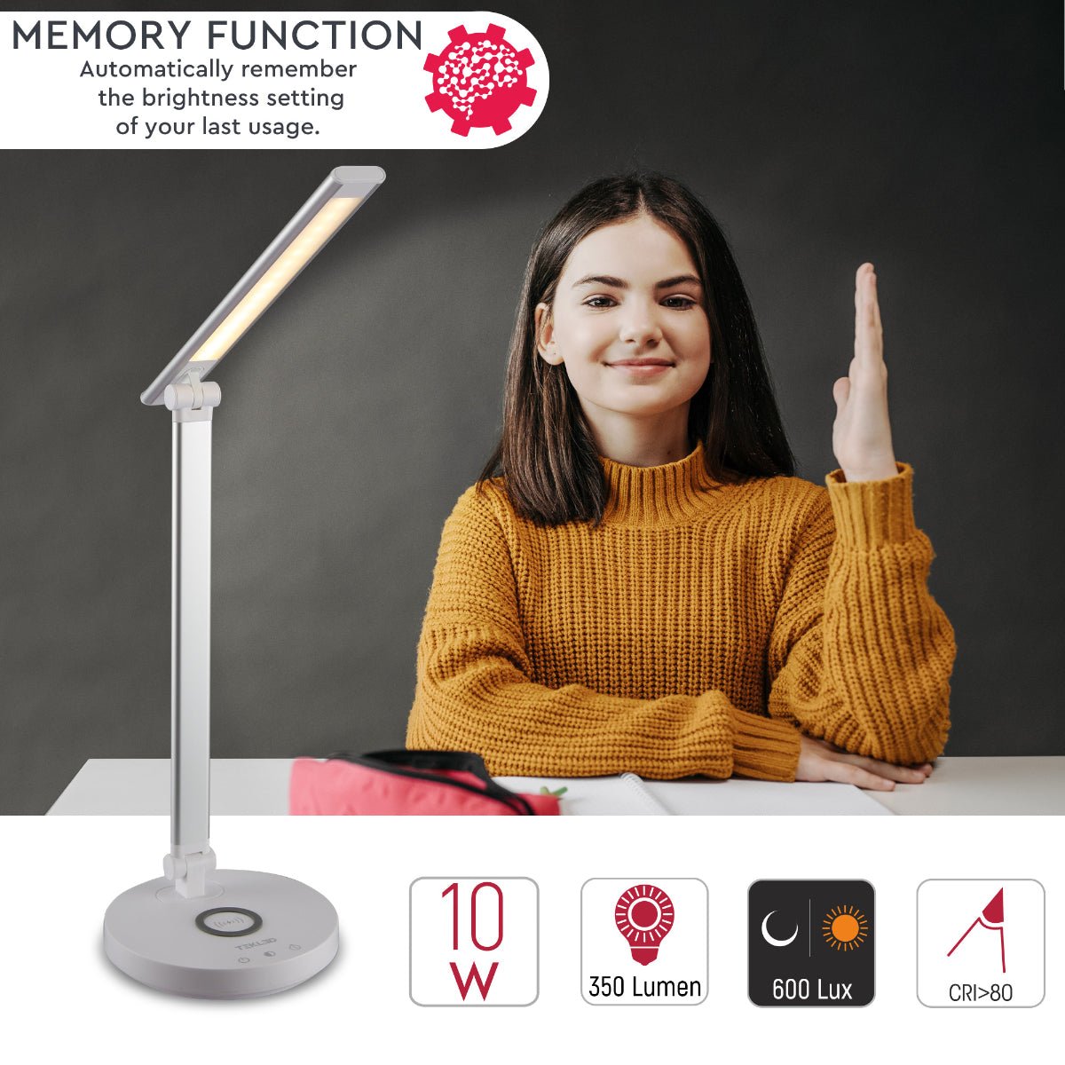 Close up shots of Lingo Silver Desk Light Dimmable and Colour Modes with Wireless Phone Charger | TEKLED 130-03624