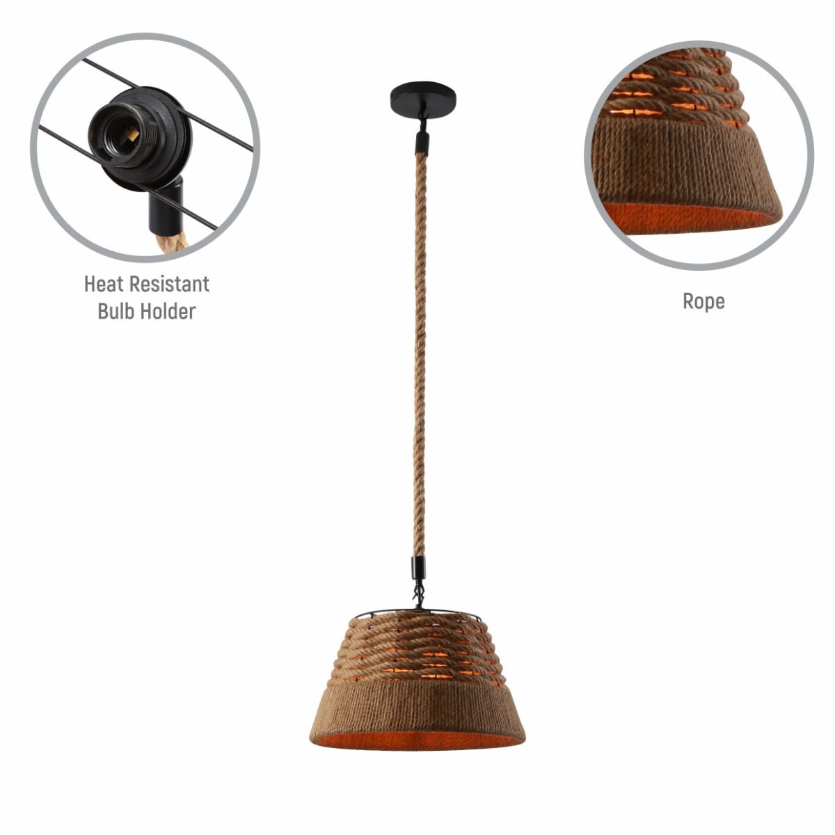 Close up shots of Farmhouse Rustic Metal Body Hemp Rope Shade Pendant Ceiling Light with E27 | TEKLED 150-18094