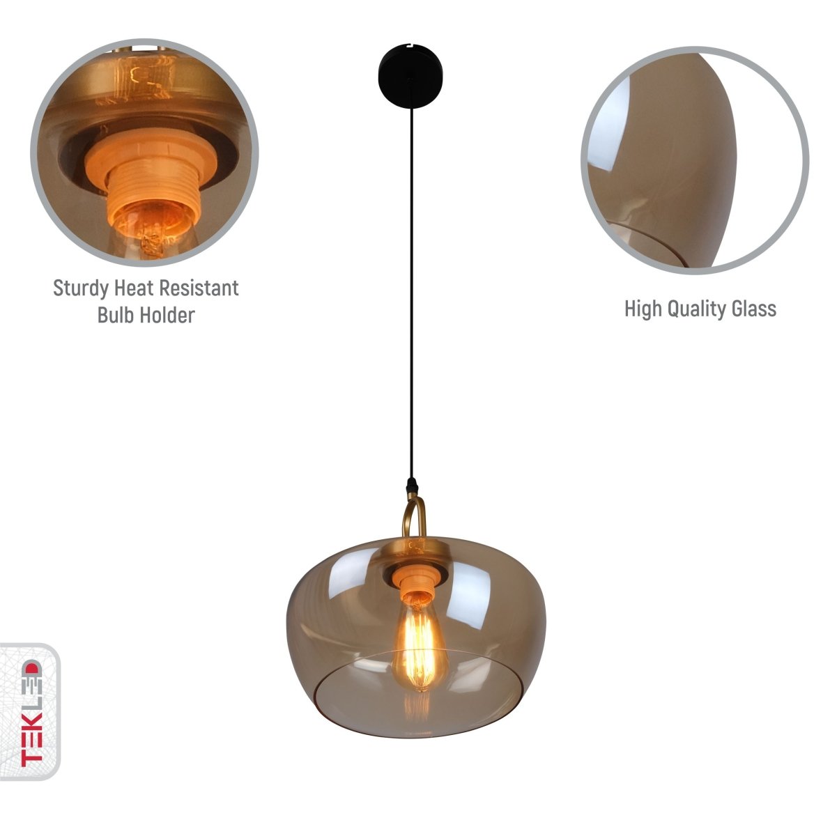 Close up shots of Miele Grande Amber Glass Pendant Light with E27 Fitting | TEKLED 159-17496