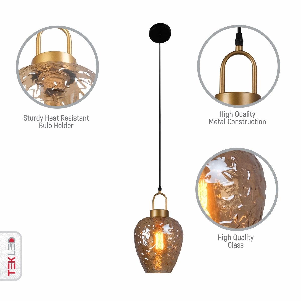 Close up shots of Miele Lungo Amber Glass Pendant Light with E27 Fitting | TEKLED 159-17494