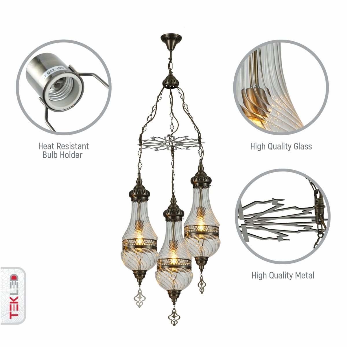 Close up shots of Moroccan Style Antique Brass and Clear Glass Ceiling Oriental Chandelier with 3xE27 | TEKLED 158-19555