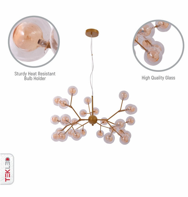 Close up shots of Neuron Model Gold and Amber Chandelier with 27xG4 Fittings | TEKLED 158-19616