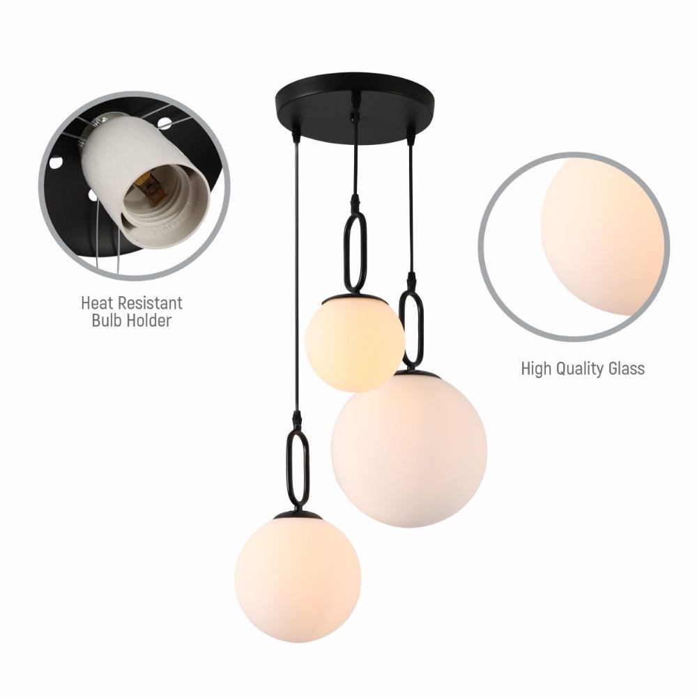 Close up shots of Opal Glass Globes Black Handle 3 Pendant Ceiling Light with E27 Fittings | TEKLED 156-19540