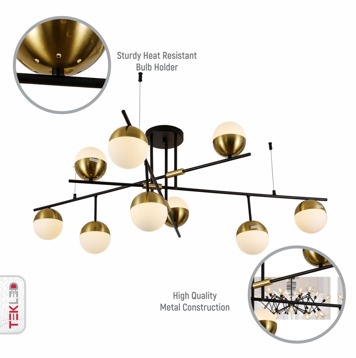Close up shots of Opal Globe Glass Gold Black Metal Body Modern Nordic Chandelier with 9xG9 Fittings | TEKLED 159-17540