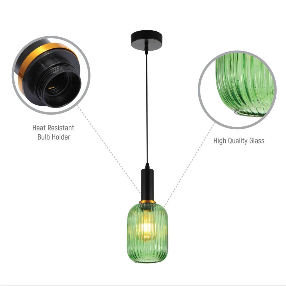 Close up shots of Sawyer Ribbed Fluted Reeded Maloto Lantern Green Glass Pendant Ceiling Light E27 Black Metal Top | TEKLED 150-18712