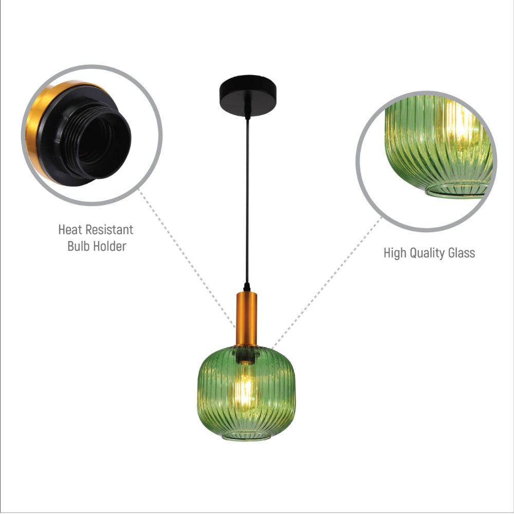 Close up shots of Sawyer Ribbed Fluted Reeded Maloto Lantern Green Opal Purple Amber Glass Pendant Ceiling Light E27 Gold Metal Top | TEKLED 150-18718