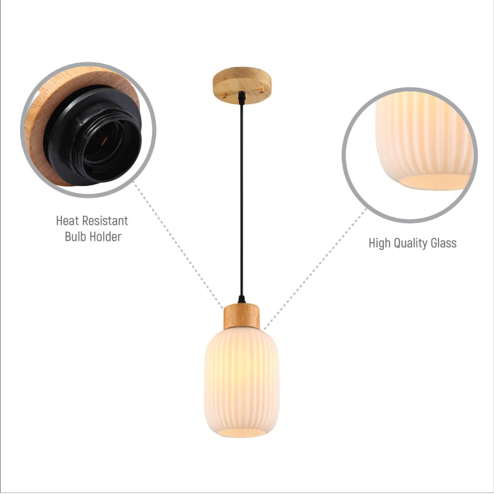 Close up shots of Sawyer Ribbed Fluted Reeded Maloto Lantern Opal Glass Pendant Ceiling Light E27 Wood Top | TEKLED 150-18708