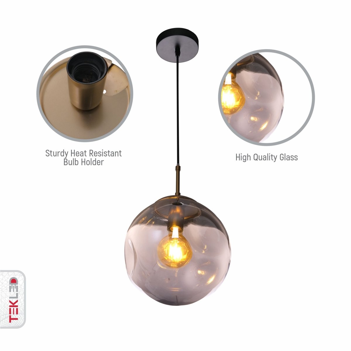 Close up shots of Smoky Glass Crater Pendant Light with E27 Fitting | TEKLED 159-17340