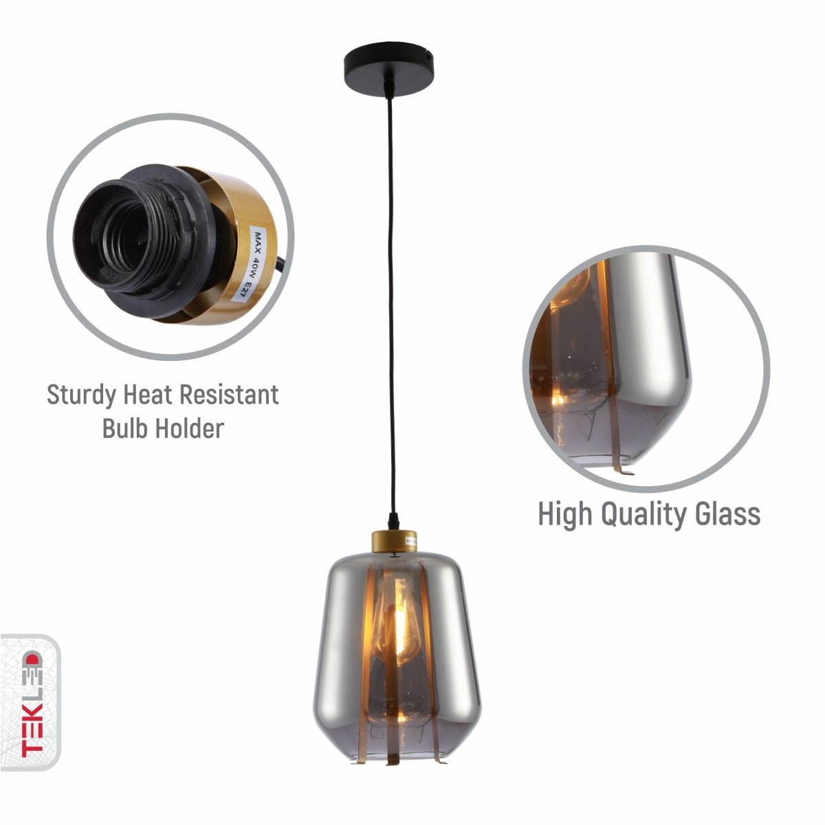 Close up shots of Smoky Glass Schoolhouse Pendant Light with E27 Fitting | TEKLED 159-17348