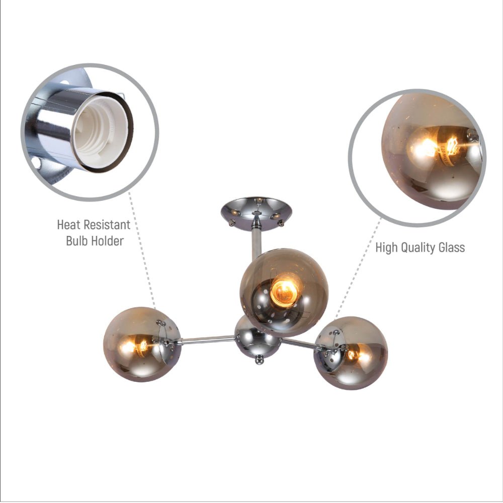 Close up shots of Smoky Globe Glass Chrome Metal Body Sputnik Molecule Modern Ceiling Light with E27 Fittings | TEKLED 159-17684