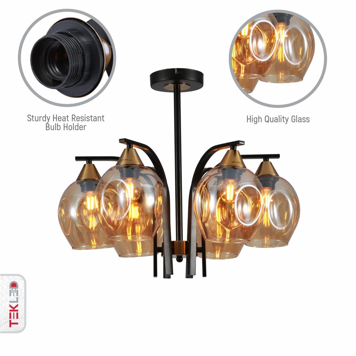 Close up shots of Snowdrop Amber Glass Black Body Semi Flush Ceiling Light with 6xE27 Fittings | TEKLED 159-17422