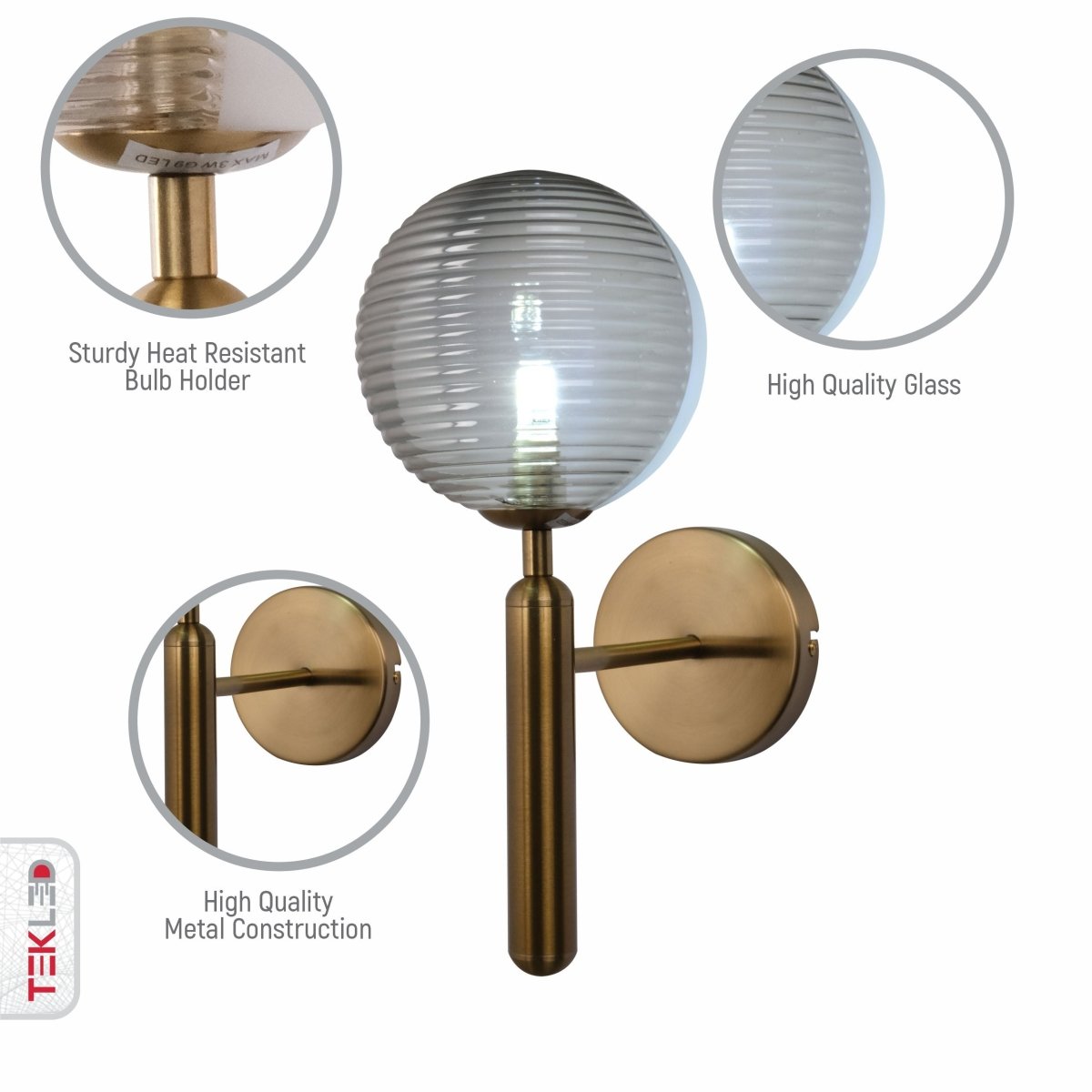 Close up shots of Striped Glass Gold Metal Wall Light with G9 Fitting | TEKLED 151-19722