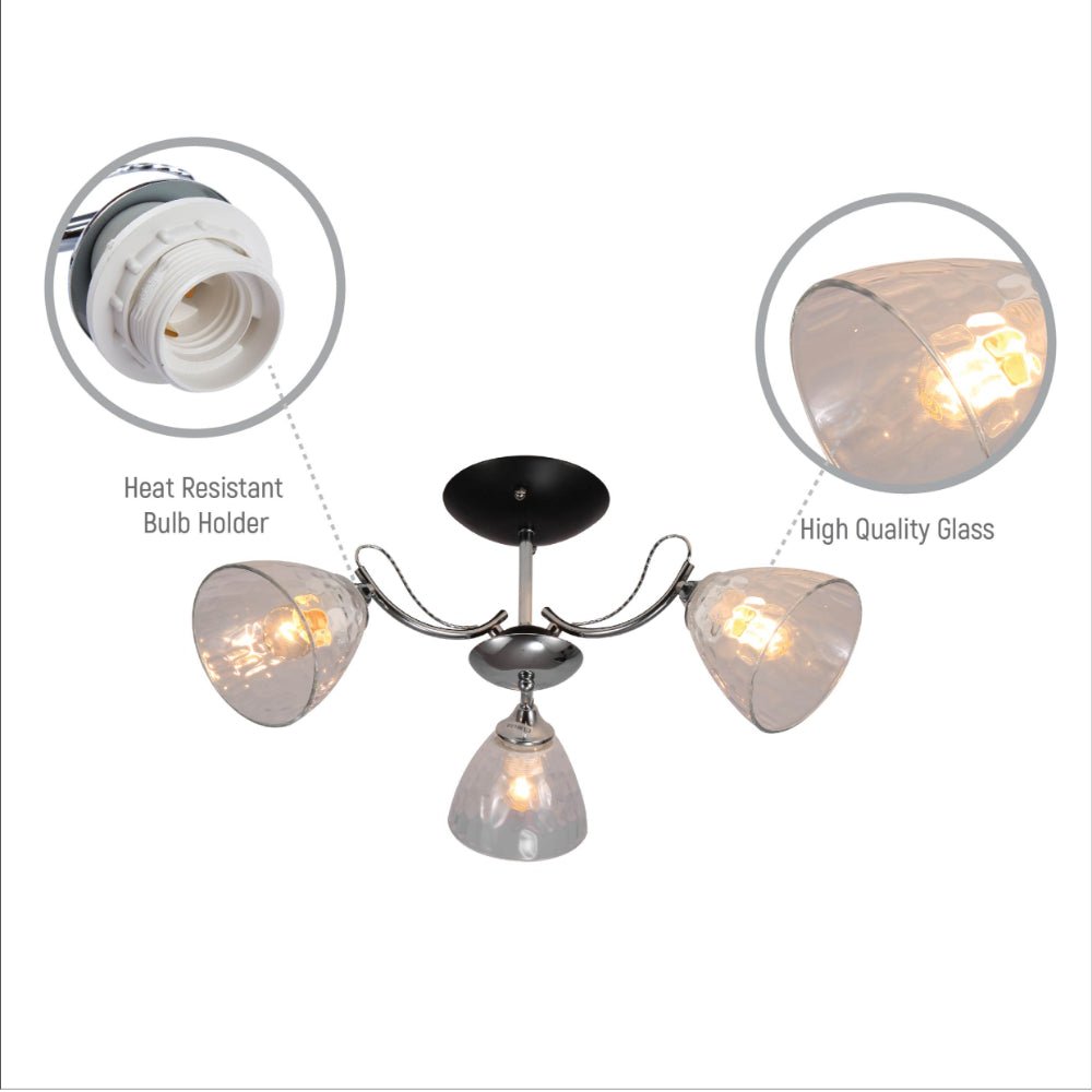 Close up shots of Textured Clear Cone Glass Chrome Semi Flush Ceiling Light | TEKLED 159-17762