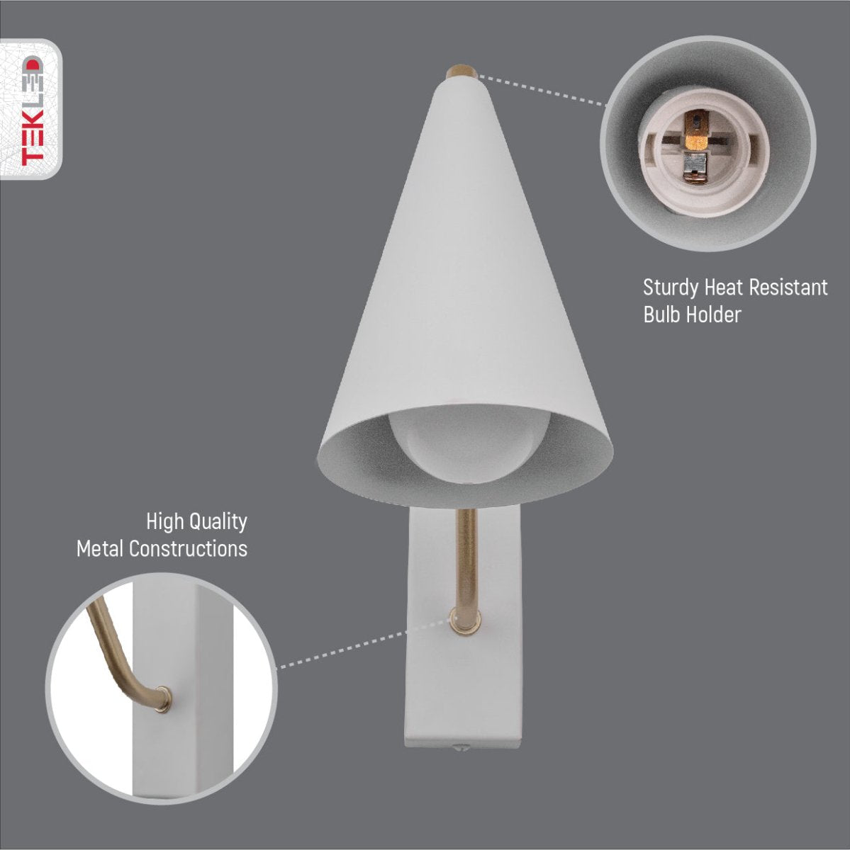 Close up shots of White Metal Cone Wall Light with E27 Fitting | TEKLED 151-19650