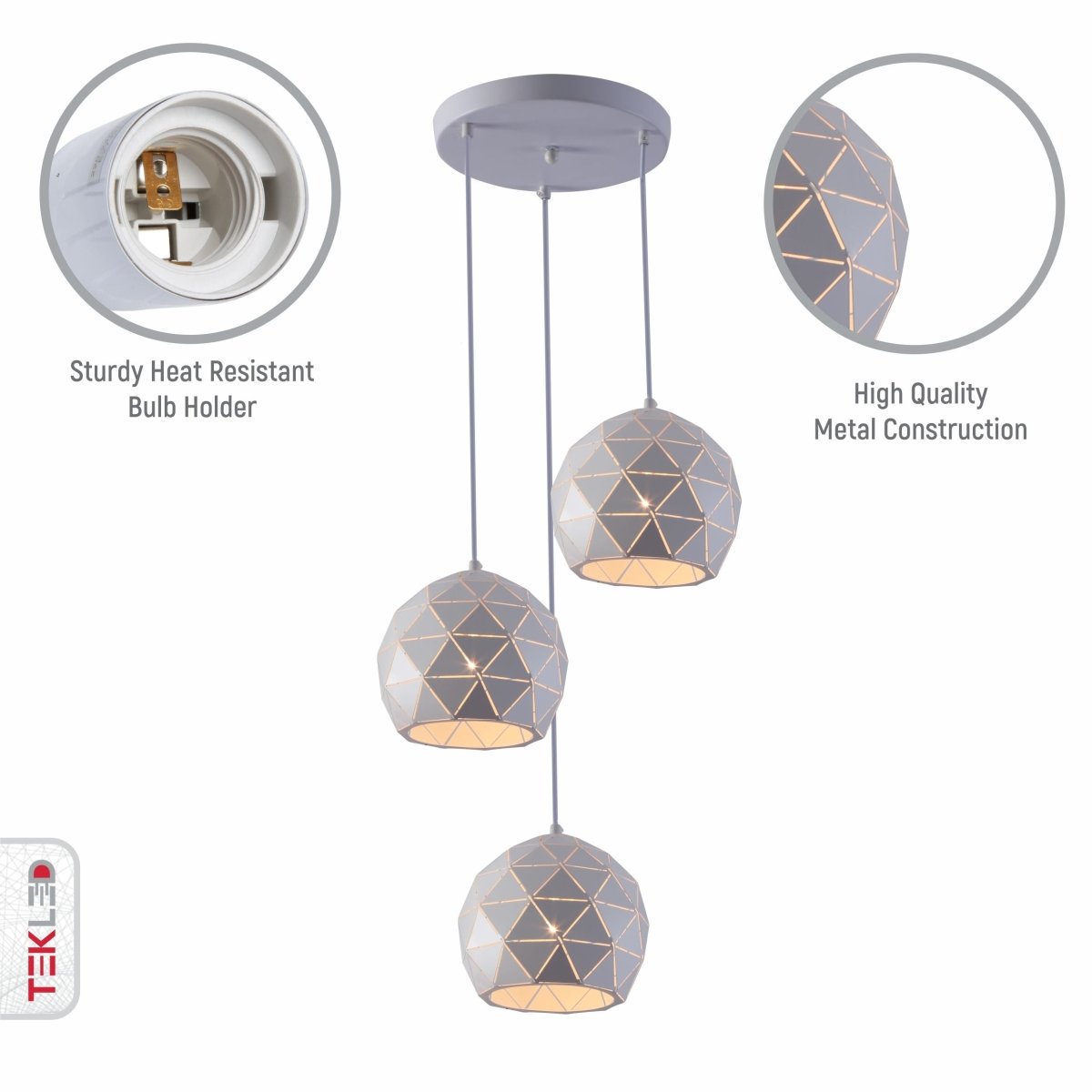 Close up shots of White Metal Laser Cut Globe Pendant Light with 3xE27 Fitting | TEKLED 150-18258