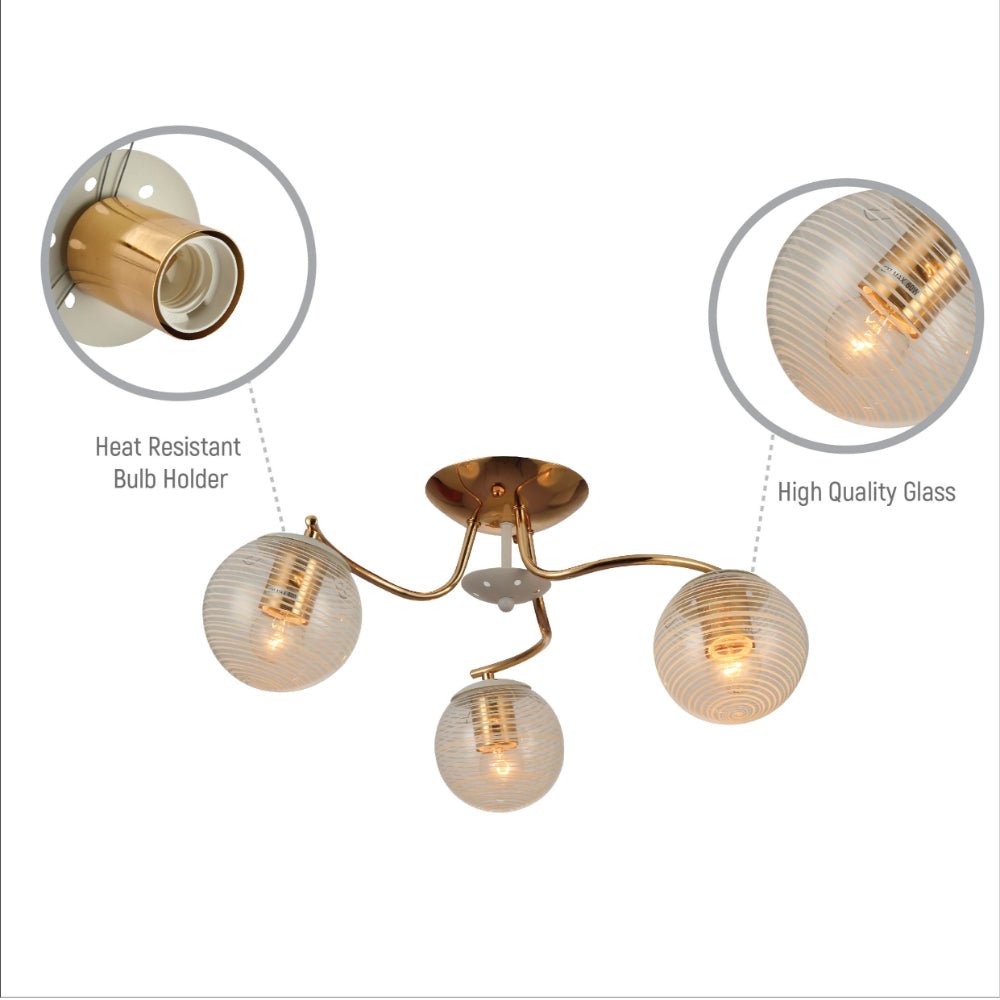 Close up shots of White Striped Clear Globe Gold Semi Flush Ceiling Light E27 | TEKLED 159-17602