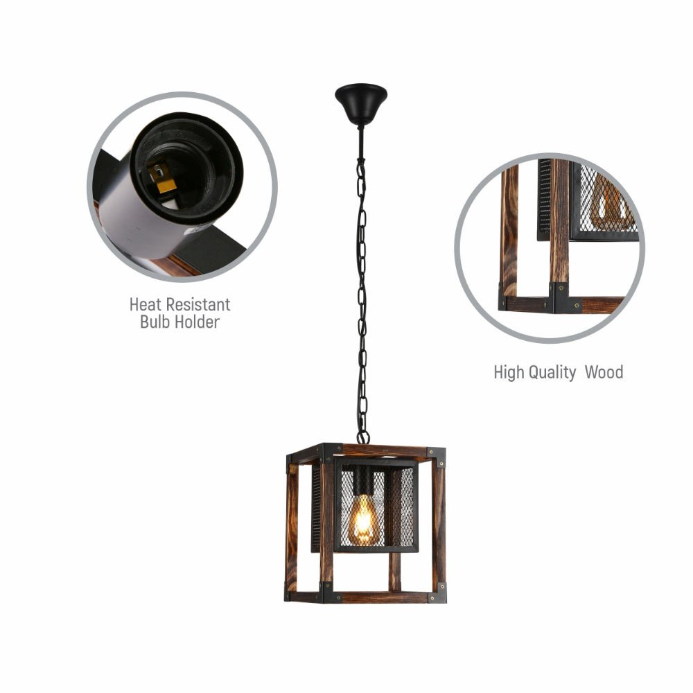 Close up shots of Wood Cube Black Cage Lantern Rustic Pendant Ceiling Light with E27 Fitting | TEKLED 156-19528