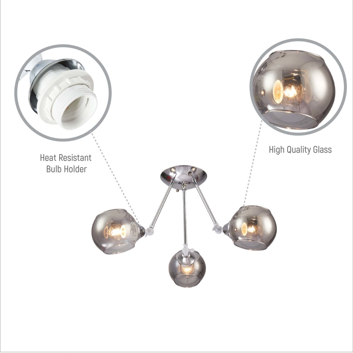 Close up of Smoky Cut-out Globe Glass Hinged Chrome Metal Semi Flush Ceiling Light | TEKLED 159-17584