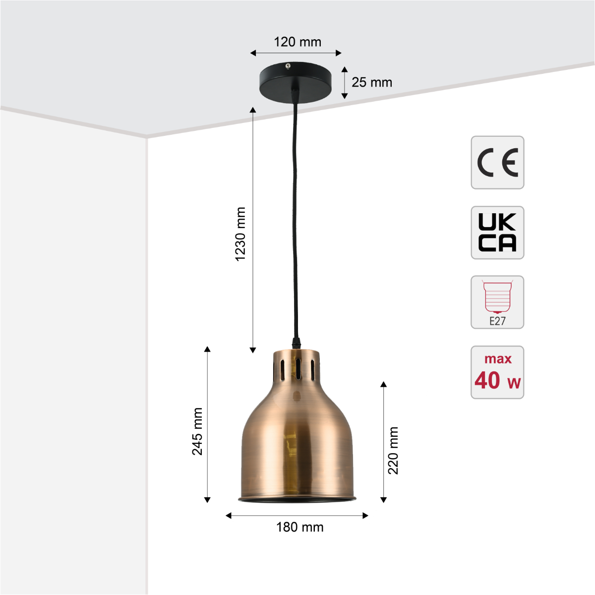 Size and certifications of Contemporary Dome-Topped Cylinder Pendant Light 150-18439