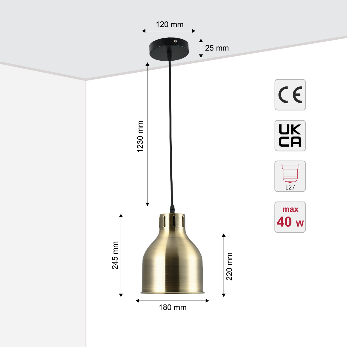 Size and certifications of Contemporary Dome-Topped Cylinder Pendant Light 150-18440