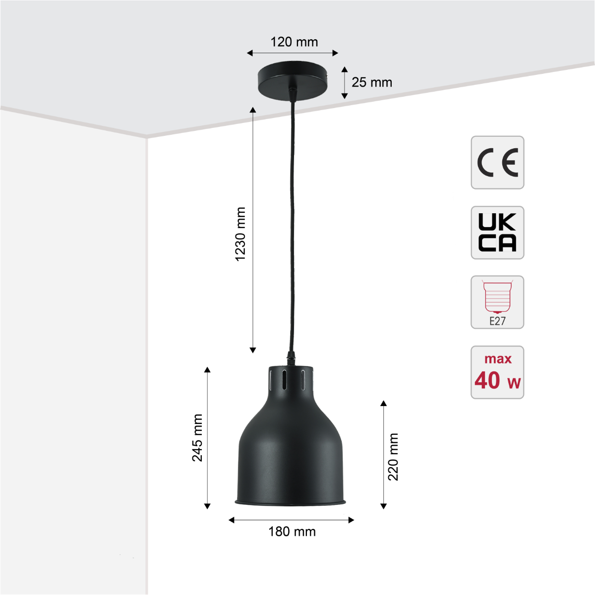Size and certifications of Contemporary Dome-Topped Cylinder Pendant Light 150-18441