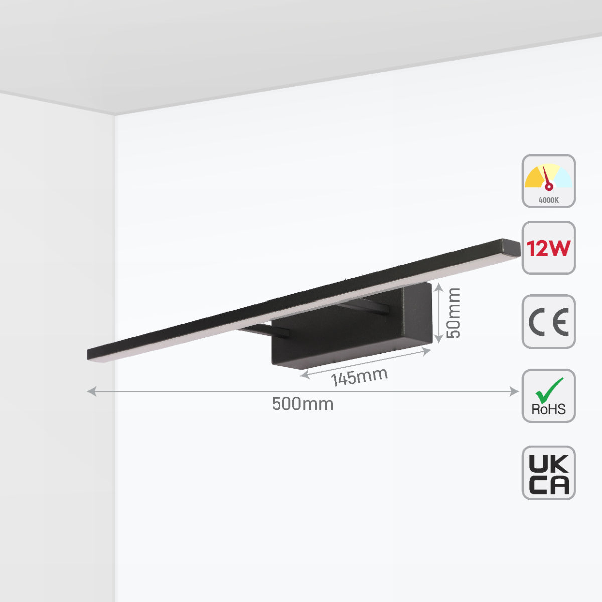 Size and certifications of Contemporary LED Light for Picture Frames & Bathroom Sanity Mirrors - 50cm 117-032697