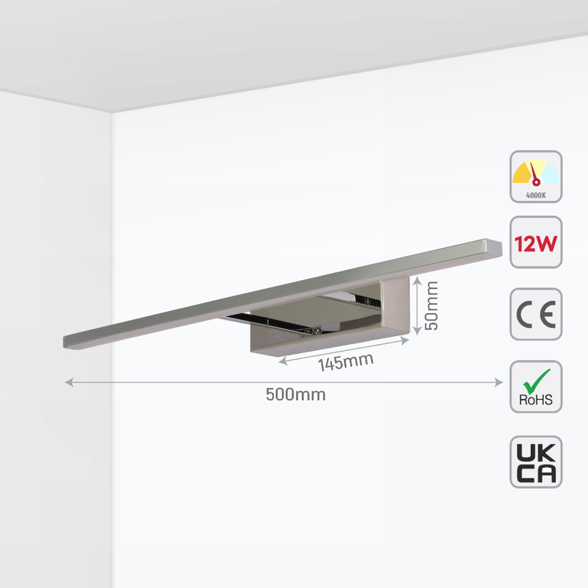 Size and certifications of Contemporary LED Light for Picture Frames & Bathroom Sanity Mirrors - 50cm 117-032698