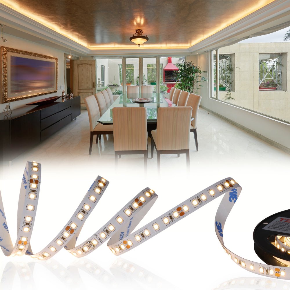 Coving ceiling cornince and baseboard application of LED Strip Light 120pcs 2835 LED 5W 1A 24Vdc 10mm 5m IP20 3000K Warm White 4000K Cool White 6500K Cool Daylight | TEKLED 582-032721