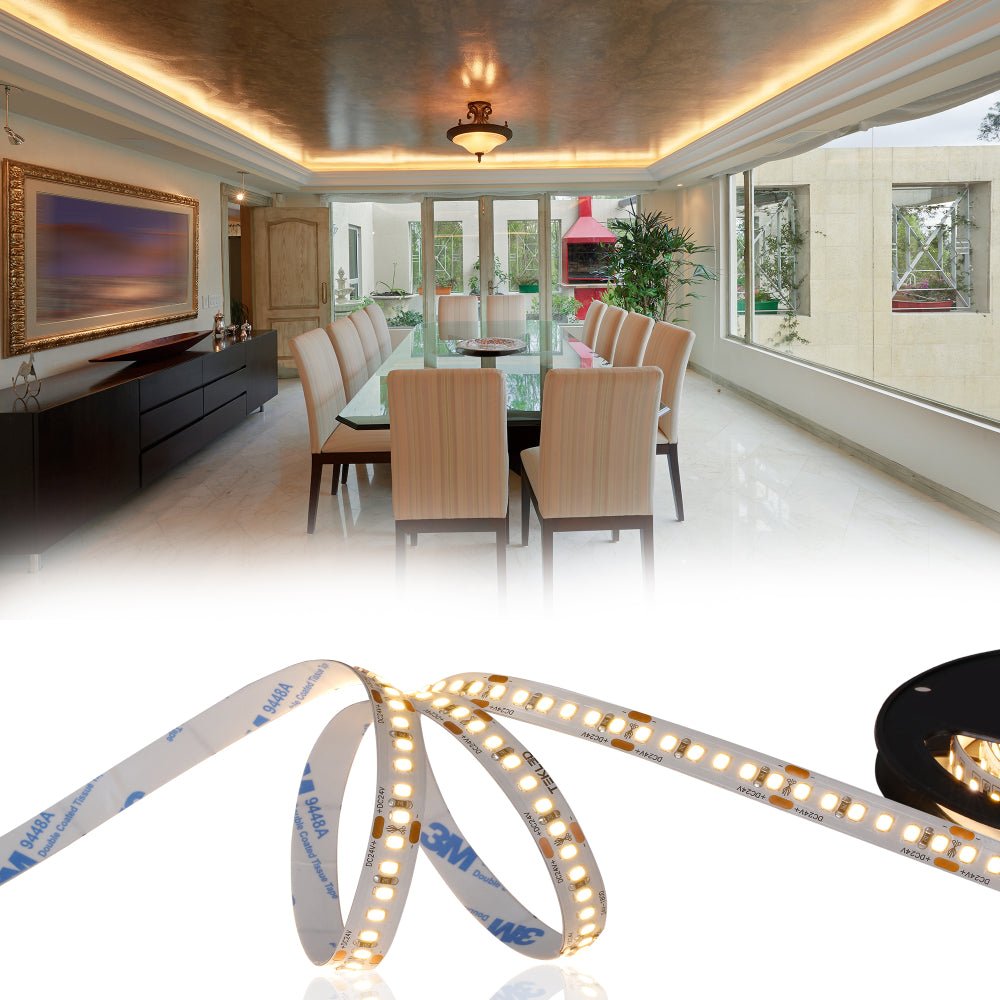 Coving ceiling cornince and baseboard application of LED Strip Light 180pcs 2835 LED 10W 2A 24Vdc 10mm 5m IP65 Waterproof 3000K Warm White 4000K Cool White 6500K Cool Daylight | TEKLED 582-032733