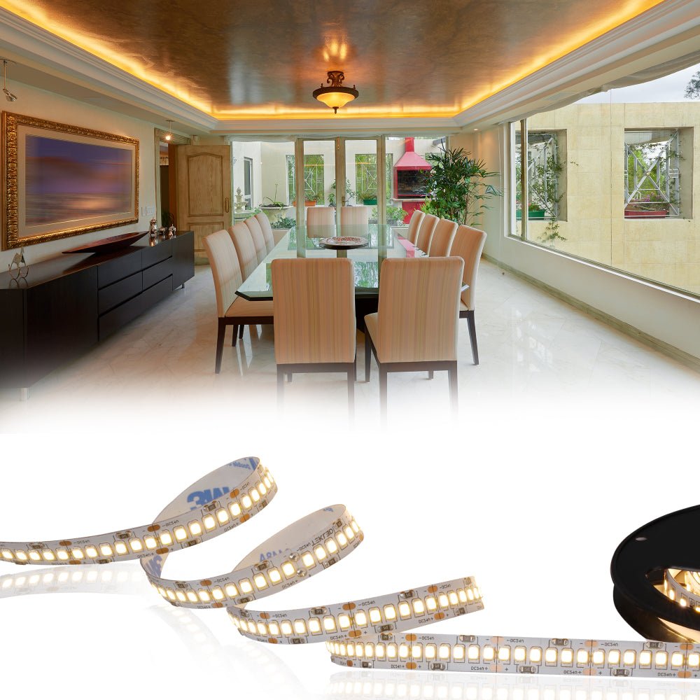 Coving ceiling cornince and baseboard application of LED Strip Light 240pcs 2835 LED 15W 3A 24Vdc 10mm 5m IP20 3000K Warm White 4000K Cool White 6500K Cool Daylight | TEKLED 582-032727