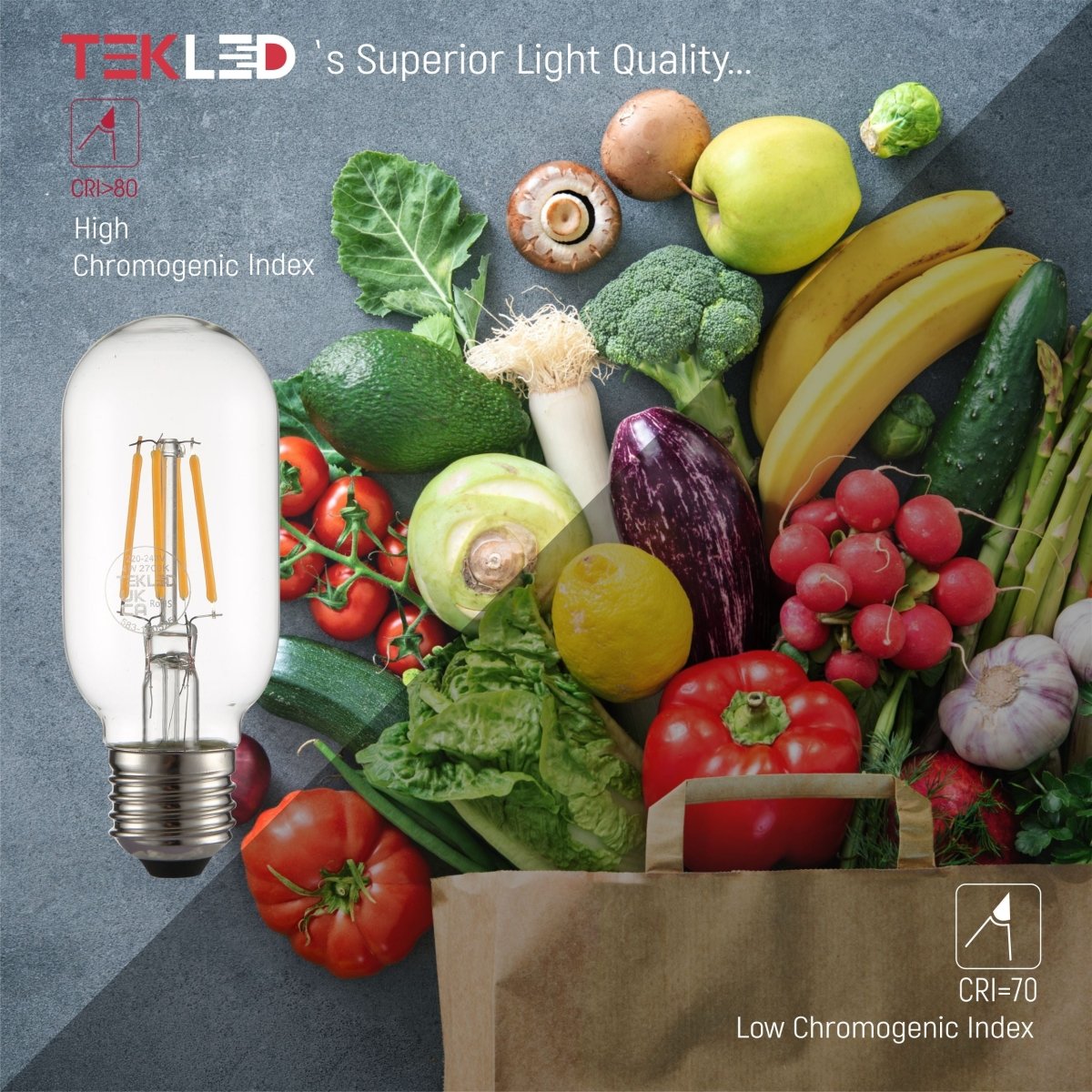 Comparison of CRI of LED Dimmable Filament Bulb T45 Tubular E27 Edison Screw 4W 470lm Warm White 2700K Clear Pack of 4 | TEKLED 583-150525