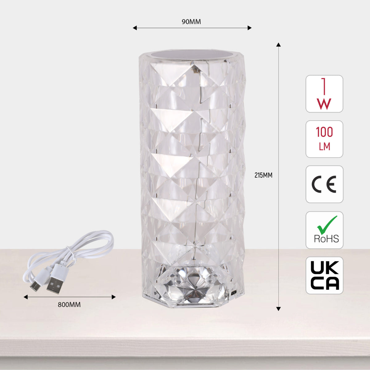 Size and certifications of Crystal Beam Rechargeable Cylinder Lamp 130-03718
