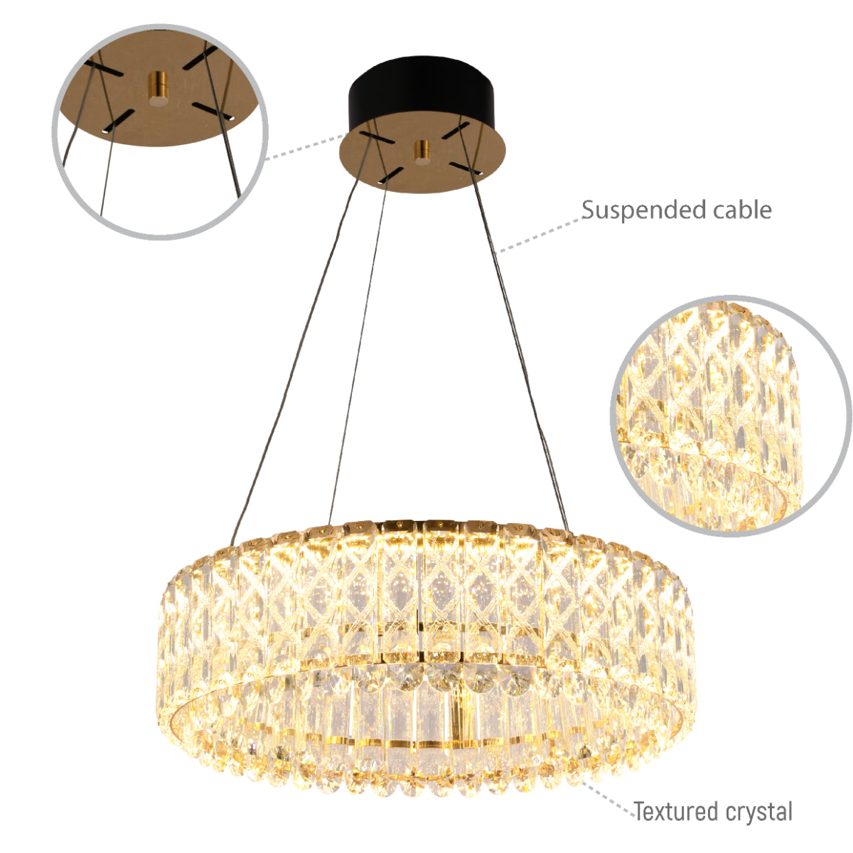 Lighting properties of Crystal Gold Pendant Chandelier Light with Remote Control 159-18215