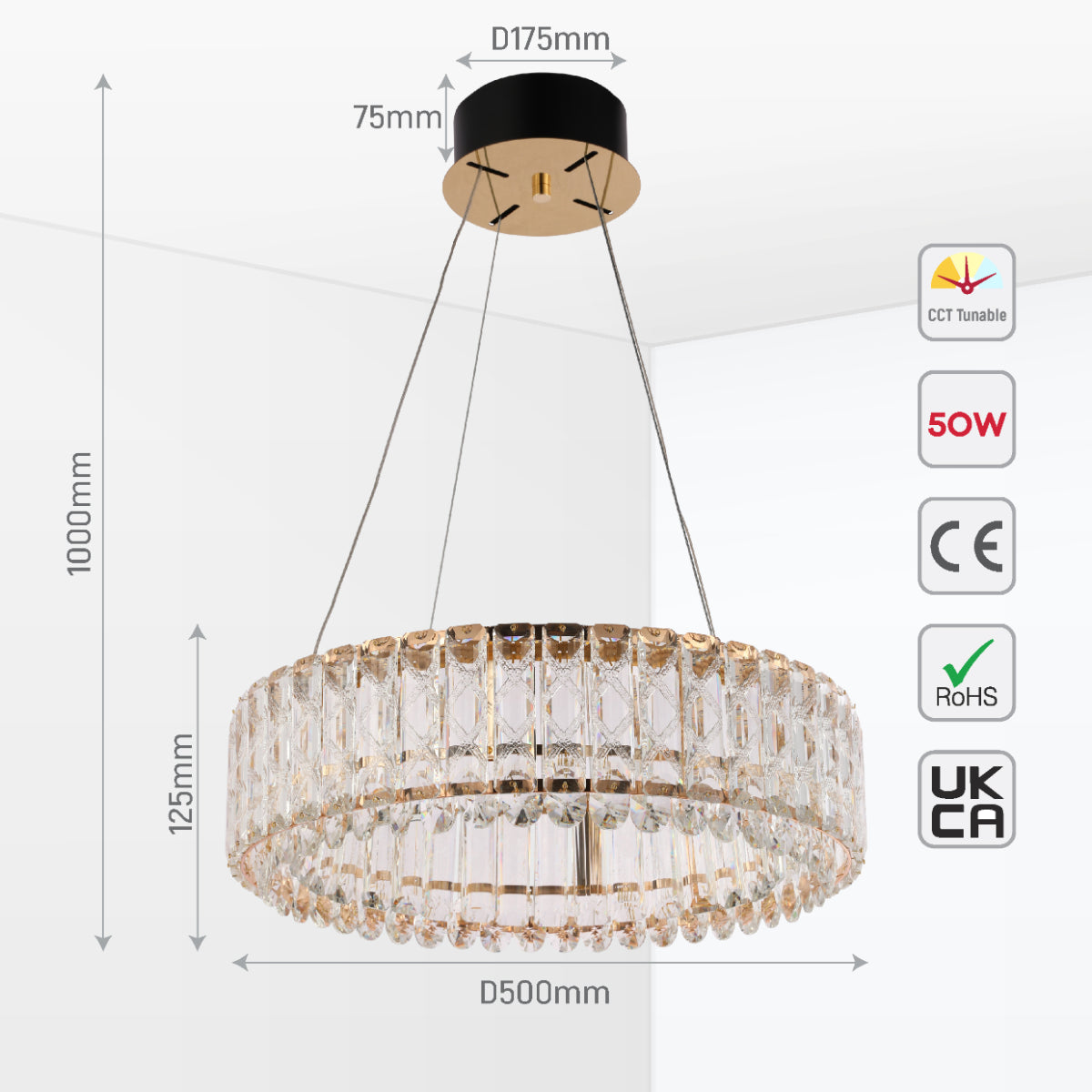 Size and certifications of Crystal Gold Pendant Chandelier Light with Remote Control 159-18215
