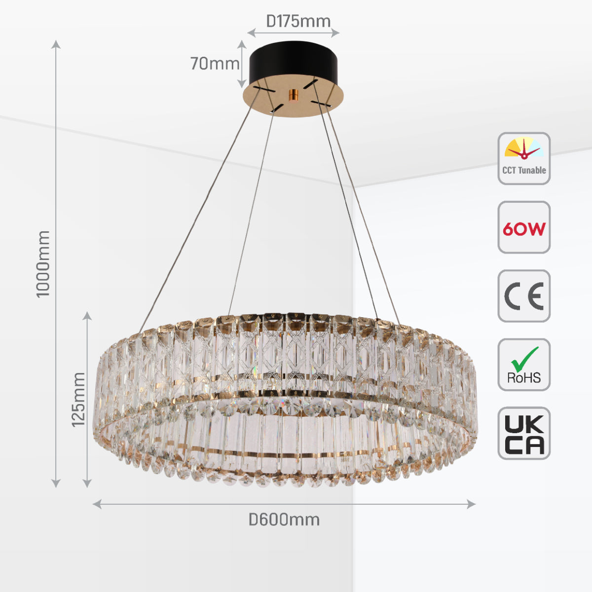 Size and certifications of Crystal Gold Pendant Chandelier Light with Remote Control 159-18216