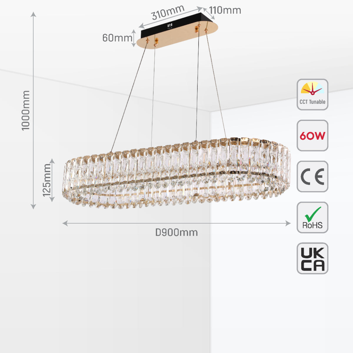 Size and certifications of Crystal Gold Pendant Chandelier Light with Remote Control 159-18217