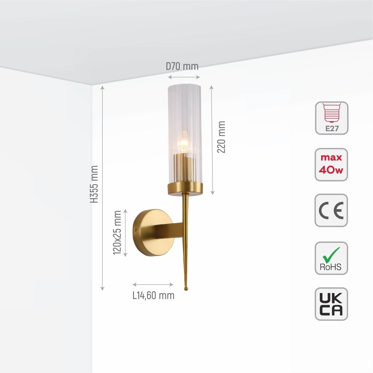 Product dimensions of Gold Aluminium Bronze Cylinder Clear Reeded Glass Joseph Fonteyn Fluted Wall Light E27