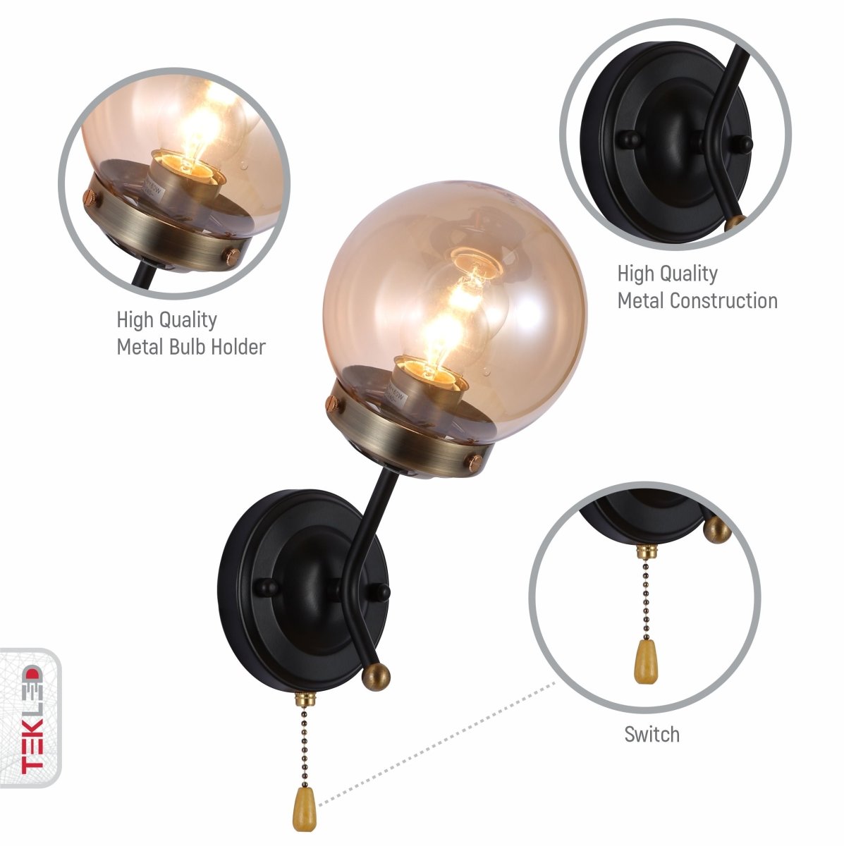 Features of amber glass antique brass and black globe wall light e27 and pull down switch