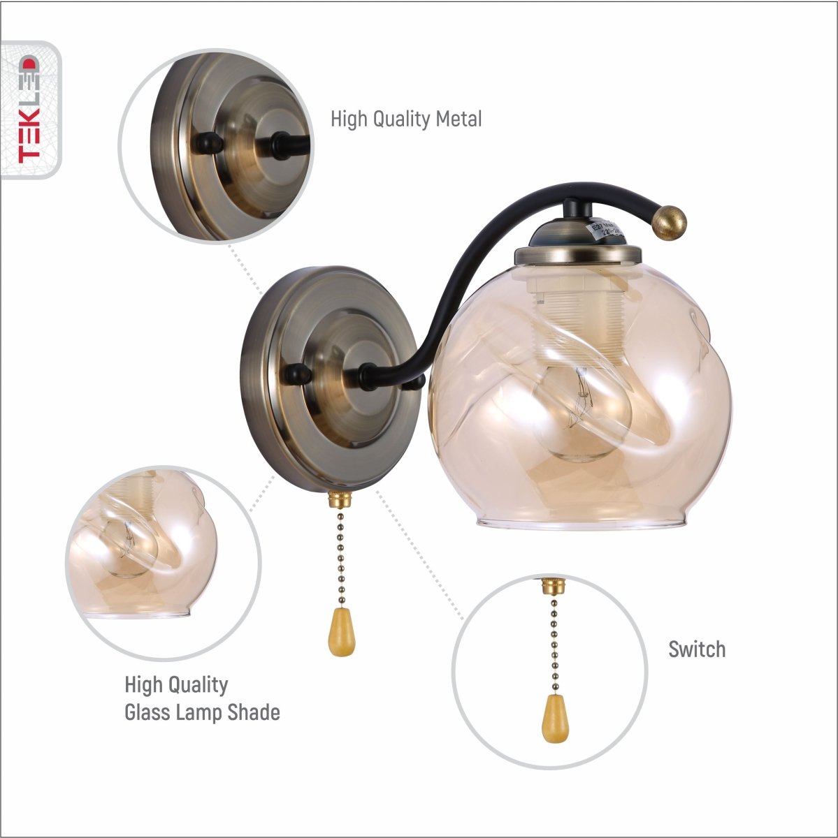 Features of amber glass black and antique brass wall light e27 and pull down switch