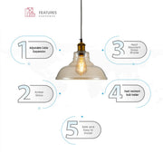 Pendant light with amber glass shade, adjustable cable, and heat-resistant bulb holder, showcasing key features.