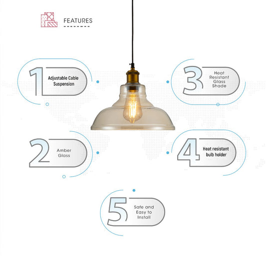 Pendant light with amber glass shade, adjustable cable, and heat-resistant bulb holder, showcasing key features.