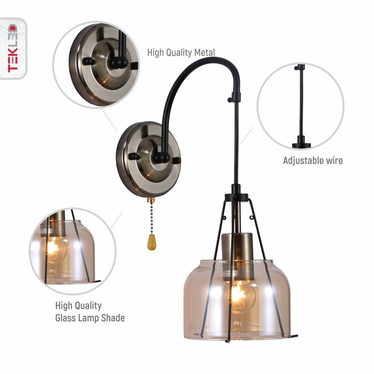 Features of amber glass pendant wall light e27 and pull down switch